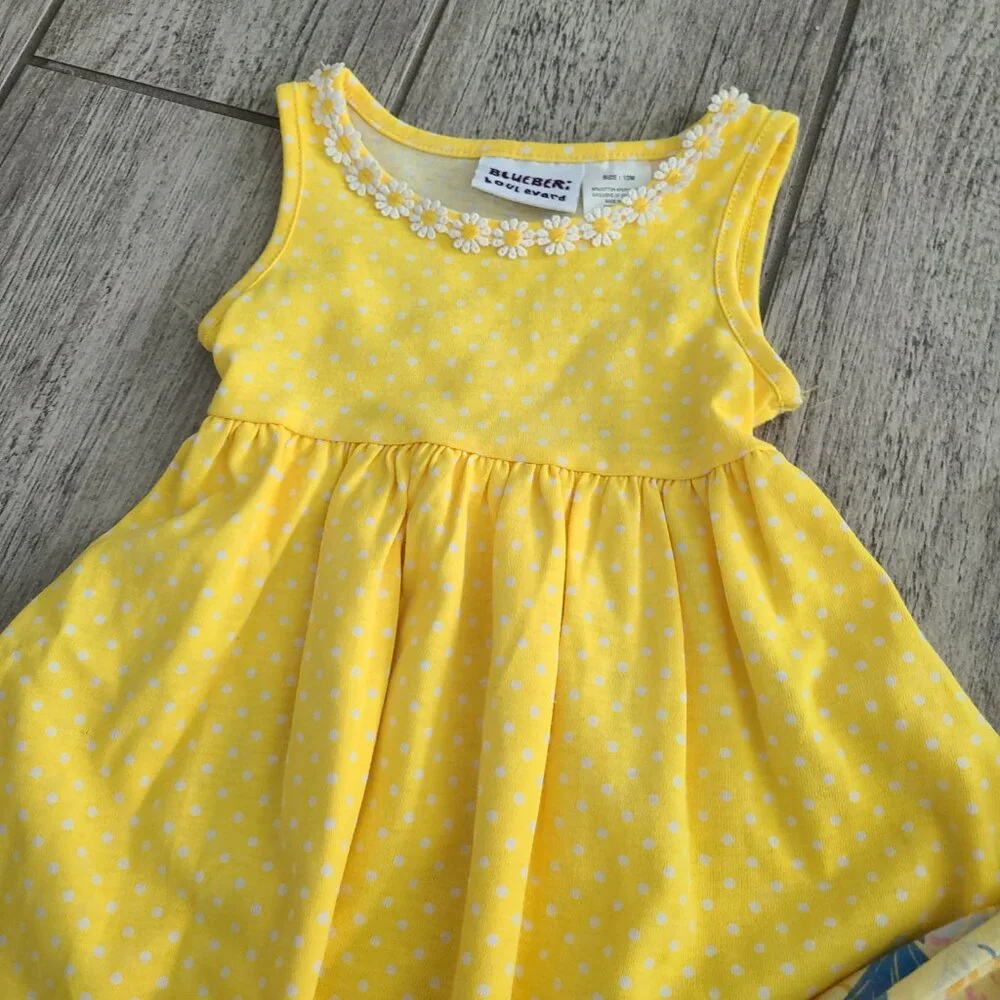 Tommy Bahama & Blueberi Boulevard yellow Tropical & Polka Dot baby dresses 12M